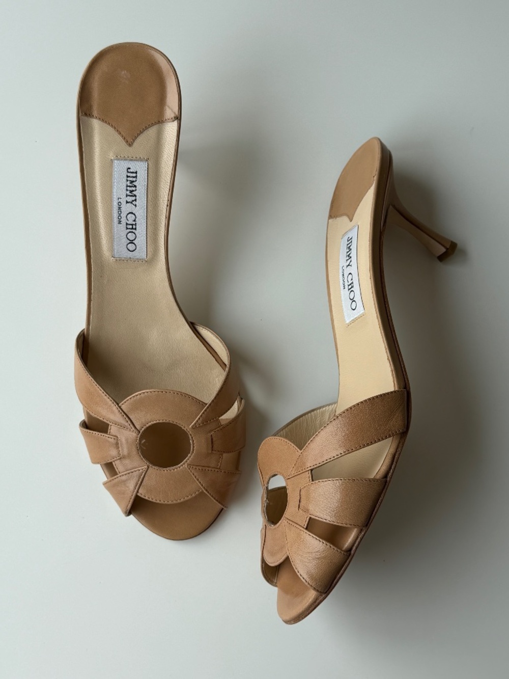 Vintage Jimmy Choo nude leather mule sandals, IT 41.5, ~US 10.5, heel height 2.7